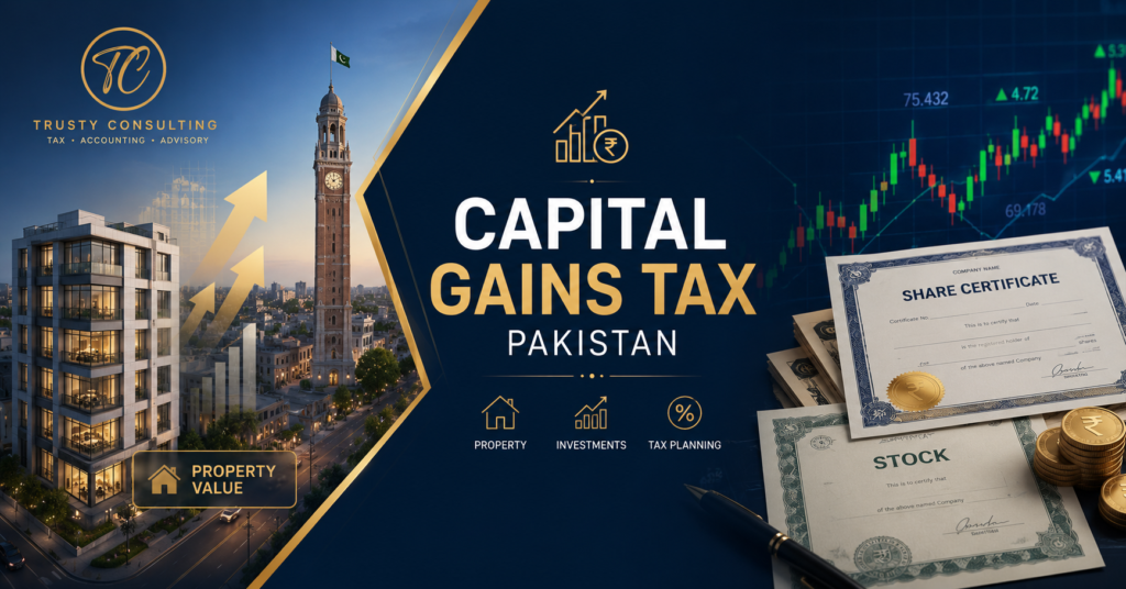 "Capital gains tax Pakistan — infographic showing tax rates on shares, property and securities under Income Tax Ordinance 2001"