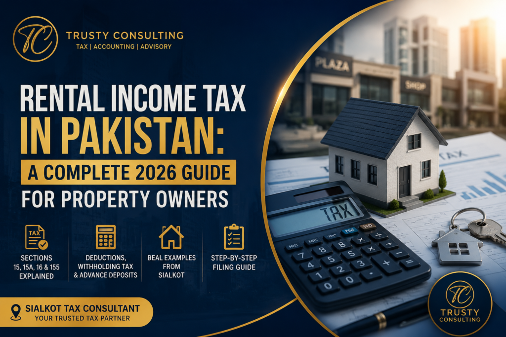 Rental income tax in Pakistan guide banner by a Sialkot tax consultant